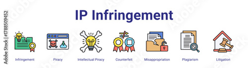Ip Infringement web icon vector illustration concept with icon of Infringement,Piracy,Intellectual Piracy,Counterfeit,Misappropriation,Plagiarism,Litigation,in modern flat vector style.