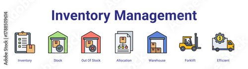 Inventory Management web icon vector illustration concept with icon of Inventory,Stock,Out Of Stock,Allocation,Warehouse,Forklift,Efficient,in modern flat vector style.