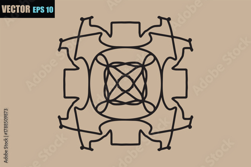 Intricate black geometric emblem with abstract symmetry on a textured tan background