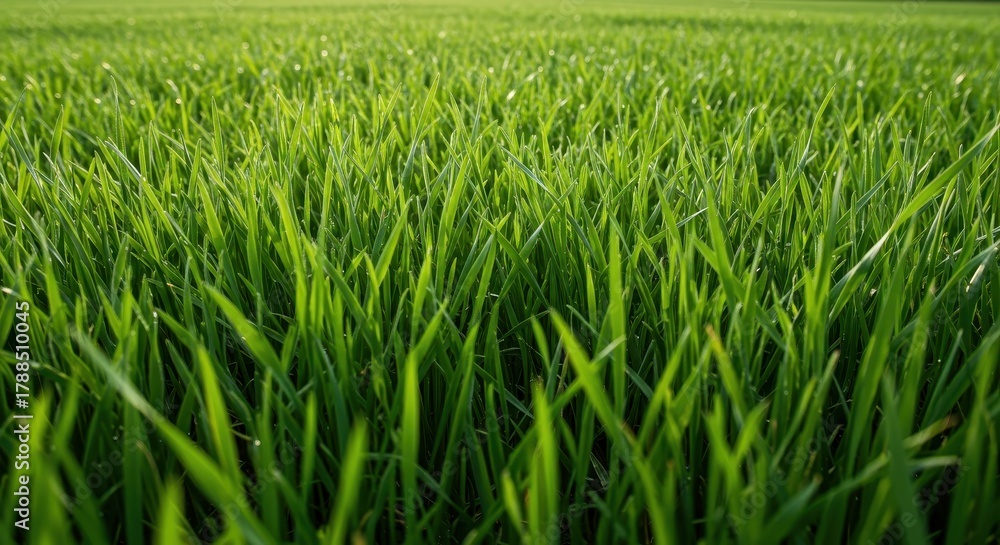 Fototapeta premium Detailed view of vibrant green blades of grass stretching far away along a linear border in the open countryside under bright daylight, field, summer, organic