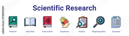 Scientific Research web icon vector illustration concept with icon of Research,Open Book,Science Book,Hypothesis,Analysis,Magnifying Glass,Document,in modern flat vector style.