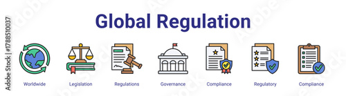 Global Regulation web icon vector illustration concept with icon of Worldwide,Legislation,Regulations,Governance,Compliance,Regulatory,Compliance,in modern flat vector style.