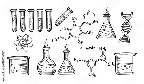 Hand drawn science icons including test tubes beakers flasks atom dna and chemical formulas chemistry