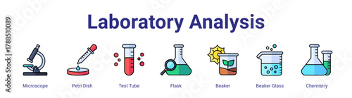 Laboratory Analysis web icon vector illustration concept with icon of Microscope,Petri Dish,Test Tube,Flask,Beaker,Beaker Glass,Chemistry,in modern flat vector style.