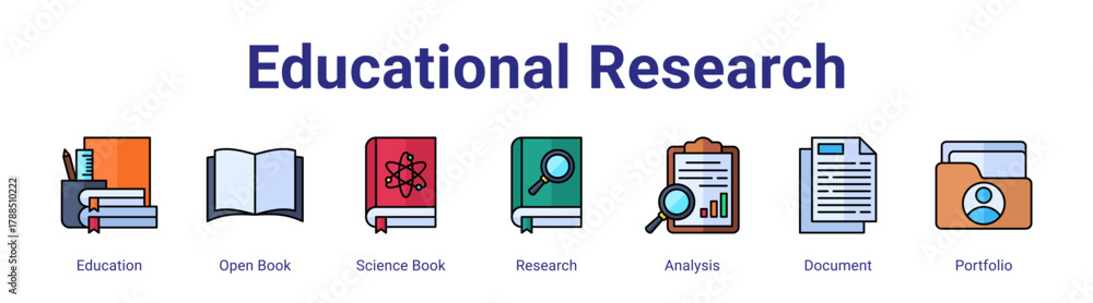 Fototapeta premium Educational Research web icon vector illustration concept with icon of Education,Open Book,Science Book,Research,Analysis,Document,Portfolio,in modern flat vector style.