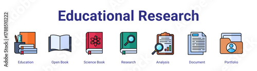 Educational Research web icon vector illustration concept with icon of Education,Open Book,Science Book,Research,Analysis,Document,Portfolio,in modern flat vector style.