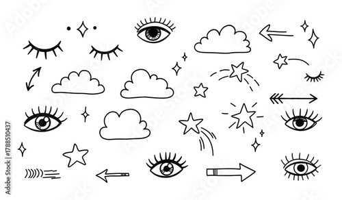Black line art doodle elements eyes clouds stars arrows and sparkles on white background eyelash eyelashes