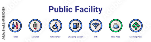 Public Facility web icon vector illustration concept with icon of Toilet,Elevator,Wheelchair,Charging Station,Wifi,Rest Area,Meeting Point,in modern flat vector style.