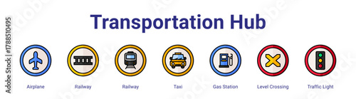 Transportation Hub web icon vector illustration concept with icon of Airplane,Railway,Railway,Taxi,Gas Station,Level Crossing,Traffic Light,in modern flat vector style.
