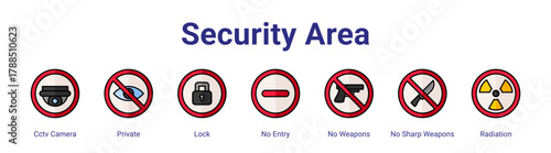 Security Area web icon vector illustration concept with icon of Cctv Camera,Private,Lock,No Entry,No Weapons,No Sharp Weapons,Radiation,in modern flat vector style.