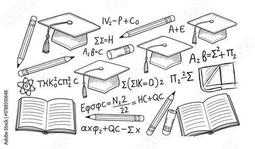 Hand drawn graduation caps pencils books and mathematical formulas on white background mortarboard academic
