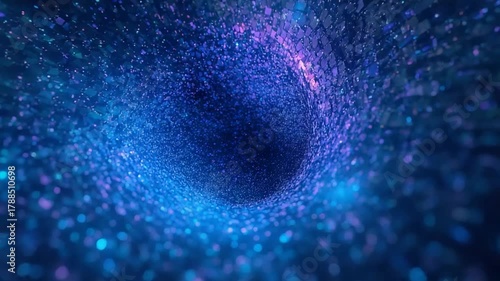 Abstract swirling vortex of blue and purple particles and geometric shapes in deep space tunnel