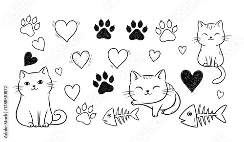Cute hand drawn cats paw prints hearts and fish bones doodle art kitten