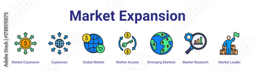 Market Expansion web icon vector illustration concept with icon of Market Expansion,Expansion,Global Market,Market Access,Emerging Markets,Market Research,Market Leader,in modern flat vector style.