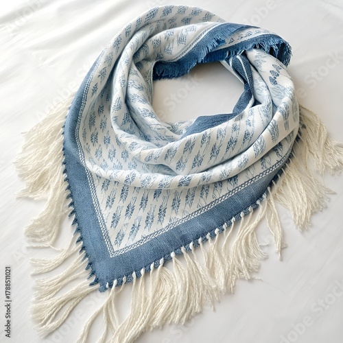 Neckerchief with white fringe, blue print and blue stripe on a white background