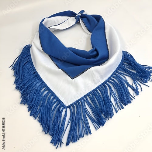 A blue fringed neckerchief with a white stripe on a white background