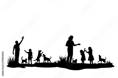 family enjoy in a beach with dog and cat silhouette