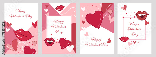 Flat vector illustration set for Valentine’s Day. Includes modern romantic posters with pink and red hearts, glossy lips, and abstract geometric background