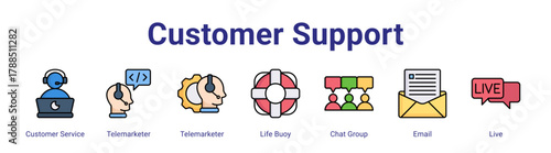 Customer Support web icon vector illustration concept with icon of Customer Service,Telemarketer,Telemarketer,Life Buoy,Chat Group,Email,Live,in modern flat vector style.