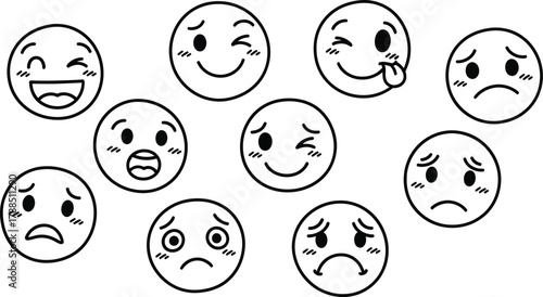 Collection of Round Emoticons with Varied Facial Expressions on Transparent Background