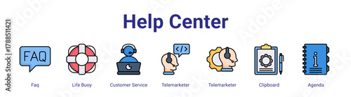 Help Center web icon vector illustration concept with icon of Faq,Life Buoy,Customer Service,Telemarketer,Telemarketer,Clipboard,Agenda,in modern flat vector style.