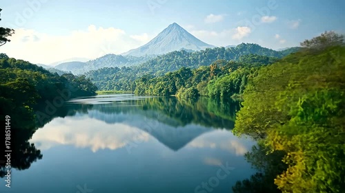 Scenic view of a lake reflecting a distant mountain, framed by lush green forests