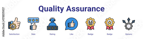 Quality Assurance web icon vector illustration concept with icon of Satisfaction,Rate,Rating,Like,Badge,Badge,Options,in modern flat vector style.