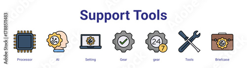 Support Tools web icon vector illustration concept with icon of Processor,AI,Setting,Gear,gear,Tools,Briefcase,in modern flat vector style.