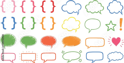 Colorful Brackets and Speech Bubbles Set, HandDrawn Style on White Background
