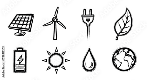 Black outline icons representing solar panel, wind turbine, electric plug, leaf, battery, sun, water droplet, and earth, emphasizing renewable energy and sustainability.