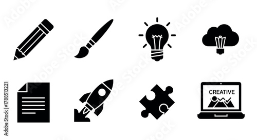 Black silhouette icons of creative tools including a pencil, paintbrush, lightbulb, cloud, document, rocket, puzzle piece, and laptop with creative text.