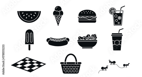 Black icons depicting summer picnic items including watermelon, ice cream, burger, drink, popsicle, hot dog, salad, picnic blanket, basket, and ants.