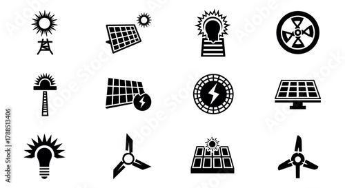 Black silhouette icons representing various renewable energy sources, including solar panels, wind turbines, and eco-friendly light bulbs.