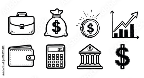 Black and white hand-drawn icons representing finance, including briefcase, money bag, coin, graph, wallet, calculator, bank, and dollar sign.