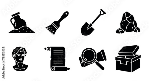 Black silhouette icons depicting an ancient pot on soil, a paintbrush, a shovel, rocks, a classical bust, a scroll, a magnifying glass, and an open box.
