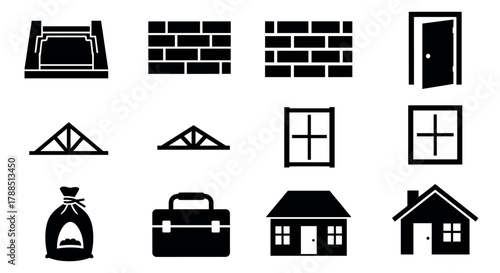 Collection of black silhouette icons representing various construction elements including bricks, doors, trusses, windows, and buildings.