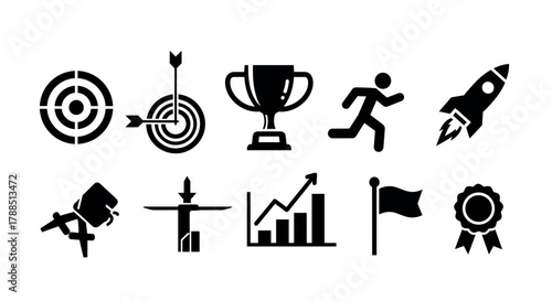 A collection of black silhouette icons including a target, trophy, runner, rocket, and various symbols representing goals and achievements.