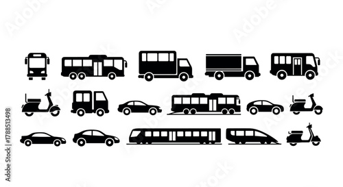 Black silhouette icons of various transportation vehicles, including buses, trucks, cars, scooters, and trains, displayed in two rows.