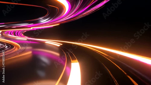 Abstract neon pink and orange light streaks on a glossy, curving dark surface