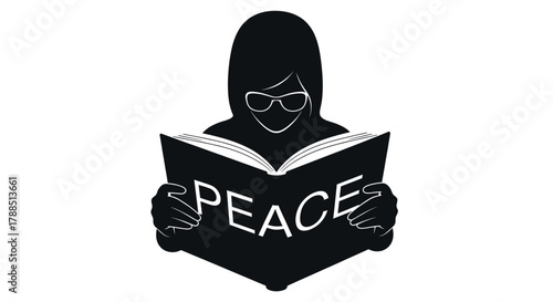 Silhouette of a person reading a book titled "peace", wearing sunglasses with a hood.