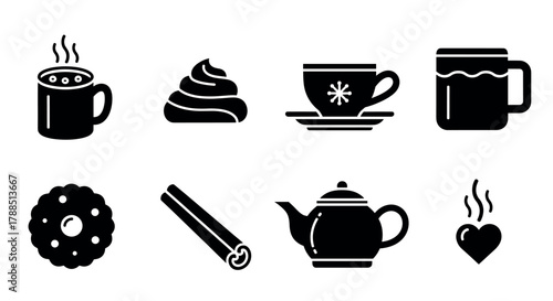 Black silhouette icons of a steaming mug, swirl of whipped cream, teacup with saucer, mug with handle, donut, cinnamon sticks, teapot, and a steaming heart.