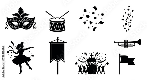 Black silhouettes depicting a festive parade theme with a mask, drum, confetti, trumpet, dancing couple, banner, carnival float, and waving flag.