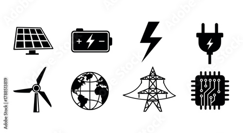 Black and white energy-themed icons including solar panel, battery, lightning bolt, electrical plug, wind turbine, globe, power lines, and microchip.