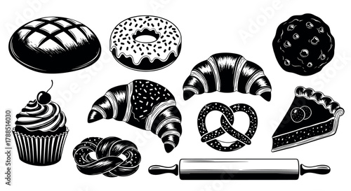 Black and white illustration of various baked goods including bread, doughnuts, croissants, pretzels, cupcake, cookie, pie slice, and rolling pin.