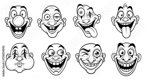 Black and white cartoon caricatures of eight male faces with exaggerated expressions including grinning, smirking, and playful features.