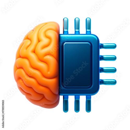 3d icon of artificial intelligence concept, a human brain merged with a computer microchip