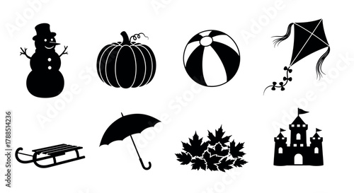 Black silhouette icons of a snowman, pumpkin, beach ball, kite, sled, umbrella, maple leaves, and castle, representing various seasonal and recreational themes.