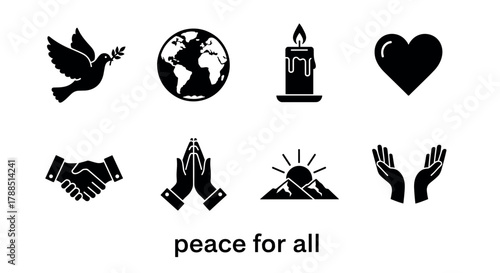 Collection of peace symbols including a dove with an olive branch, globe, candle, heart, handshake, praying hands, sunrise over mountains, and open hands.