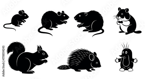 Black silhouette icons of various small mammals, including mice, squirrels, beavers, hamsters, porcupines, and moles, depicting distinct shapes and characteristics.