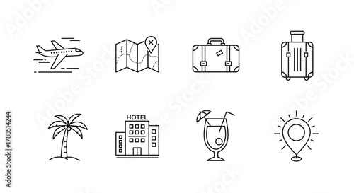 Black outline icons representing travel essentials, including airplane, map, suitcase, palm tree, hotel, cocktail, and location marker.